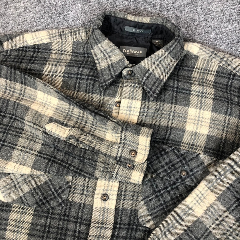 Vintage Van Heusen CPO Plaid Flannel Shirt Men's Medium Gray Beige Long Sleeve